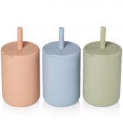 3 Pieces Mini Silicone Cups with Straw and Lid Cup Training Sippy Silicone Straw Cup Spill Proof Toddler Cups with Straw for Baby 6+ Months (Blue, Olive Green, Light Brown, Plain Style)